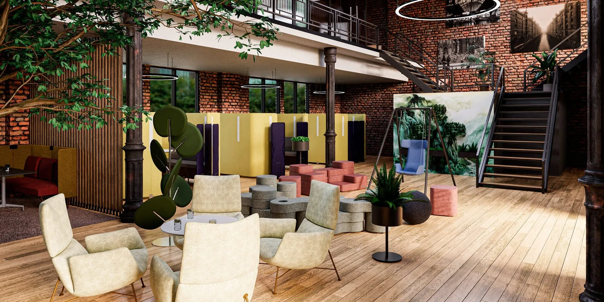 Ein modernes Großraumbüro, mit vielen ergonomischen Sitzmöglichkeiten, die dynamisches Sitzen unterstützen