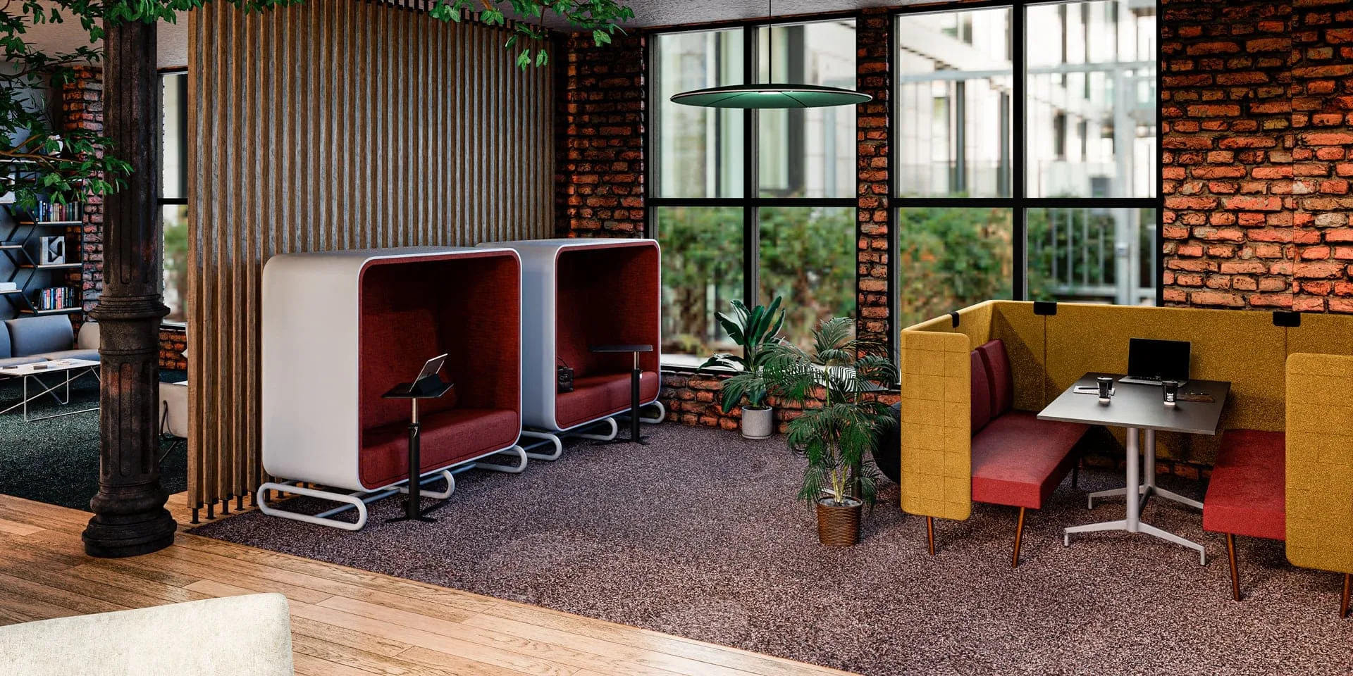 Eine moderne Coworking-Space mit speziell eingerichteten Arbeitsbereichen und Ruhezonen, die zur Lärmreduktion beitragen.