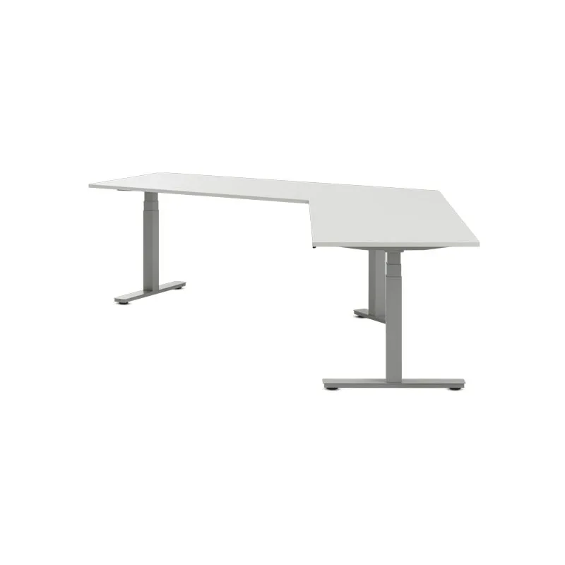 Höhenverstellbarer Winkelschreibtisch eDesk 120° von Schultz mit Memory-Funktion und Kollisionsschutz, ausgestattet mit zwei geräuscharmen Motoren