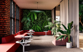 Modern gestalteter Arbeitsplatz mit ergonomischer Lounge, Pflanzen und natürlicher Beleuchtung – für Produktivität und Wohlbefinden