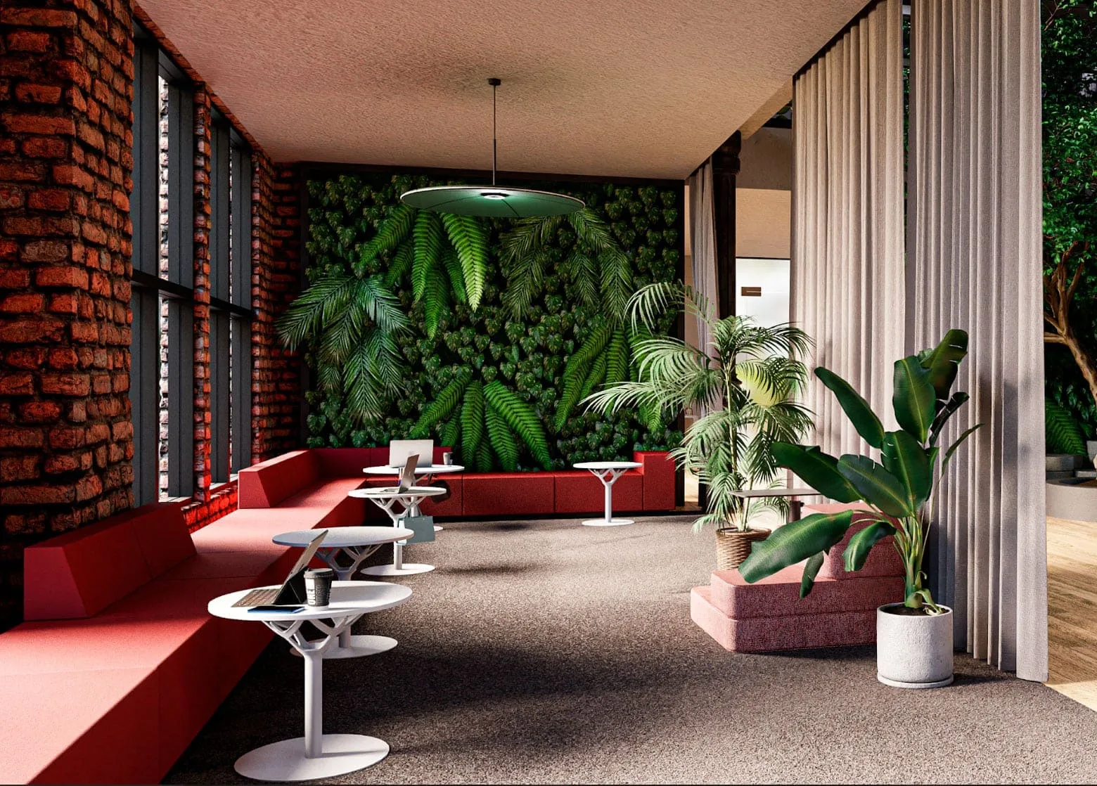 Modern gestalteter Arbeitsplatz mit ergonomischer Lounge, Pflanzen und natürlicher Beleuchtung – für Produktivität und Wohlbefinden