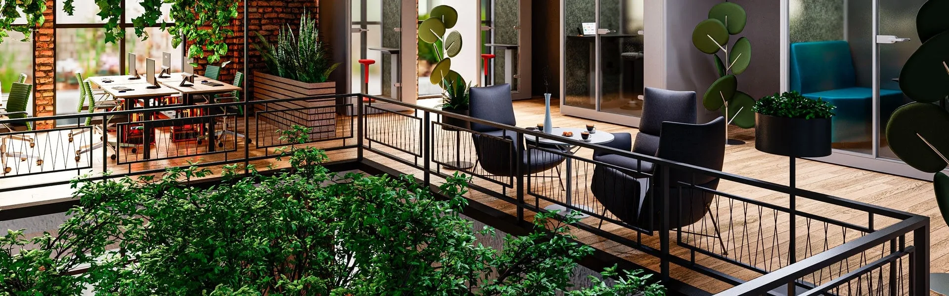 Modern gestalteter Bürobereich mit viel Grünpflanzen und offenem Raumkonzept – fördert ein angenehmes Arbeitsklima und optimale Raumtemperatur für Wohlbefinden und Produktivität