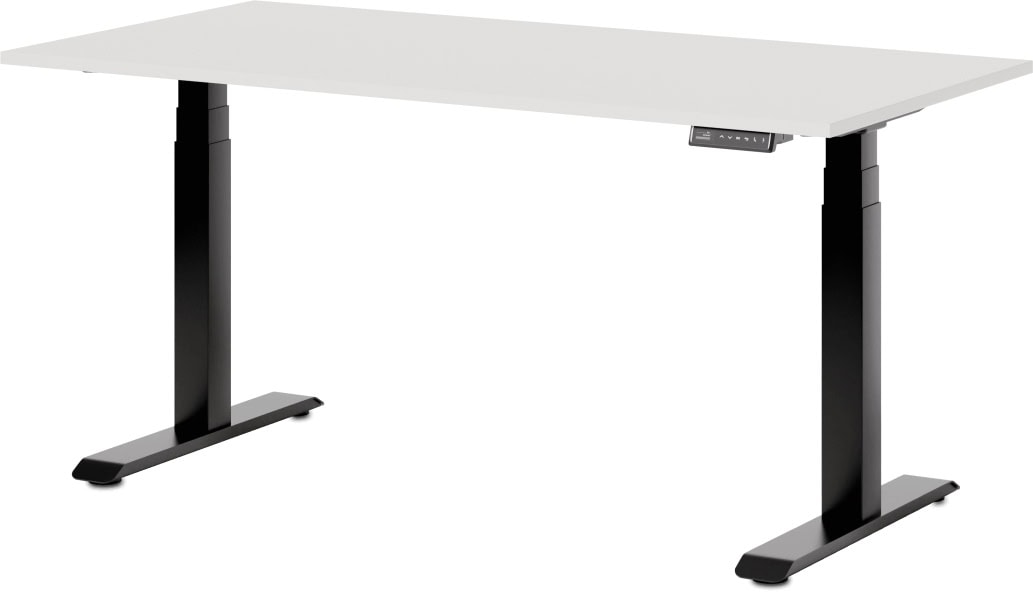 eDesk PRO elektrisch höhenverstellbarer Schreibtisch mit Tischplatte in Eiche Vollholz und schwarzem Gestell
