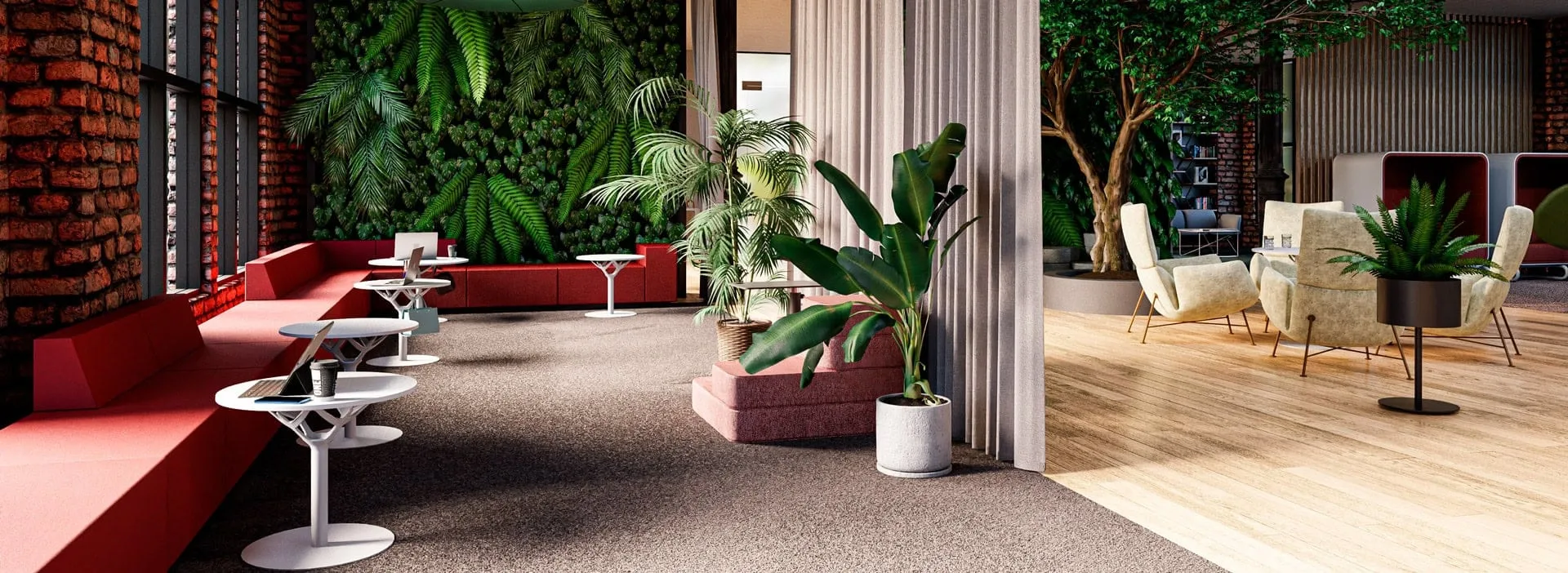 Modernes Büro mit Pflanzenwand und Lounge-Bereich – Tipps für mehr Ordnung und Effizienz am Arbeitsplatz