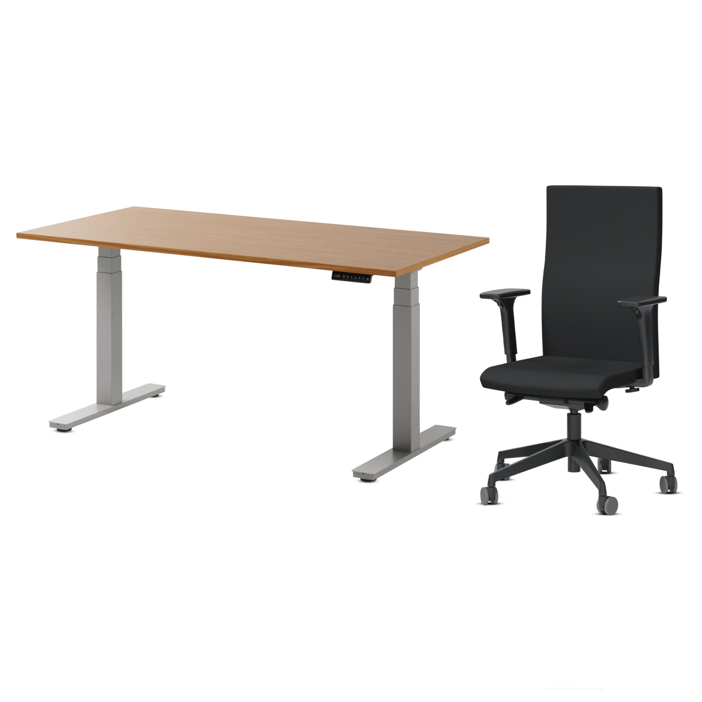 Ergonomie-Bundle mit höhenverstellbarem Schreibtisch in Buche und ergonomischem Bürostuhl in Schwarz