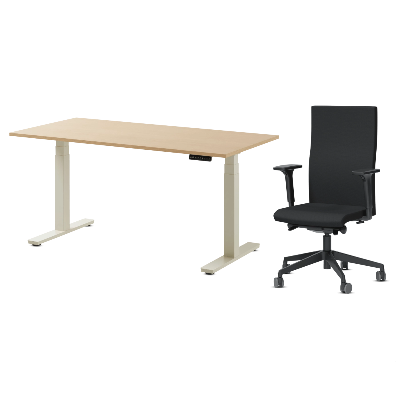 Höhenverstellbarer Schreibtisch in Buche mit ergonomischem Bürostuhl in Schwarz